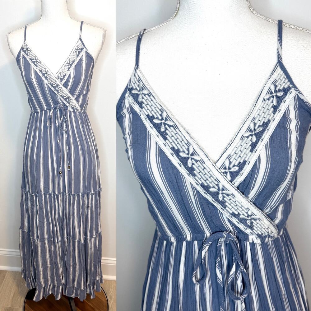 Angie Boho Embroidered Striped Tiered Maxi Dress In Blue White Size Medium